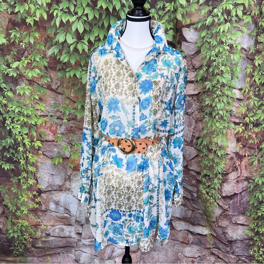 ROSE + OLIVE Blue and White Floral Boho Chiffon Longline Tunic/Dress, M - Picture 4 of 14